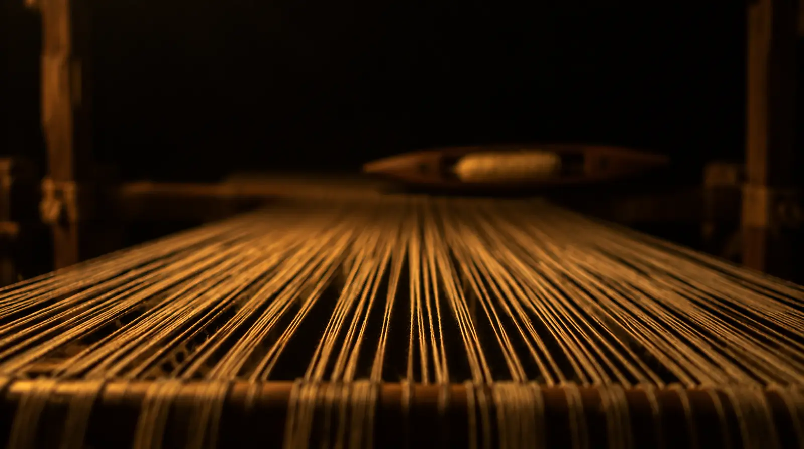 Warp threads stretched on a traditional Assamese handloom, a wooden shuttle resting behind them
